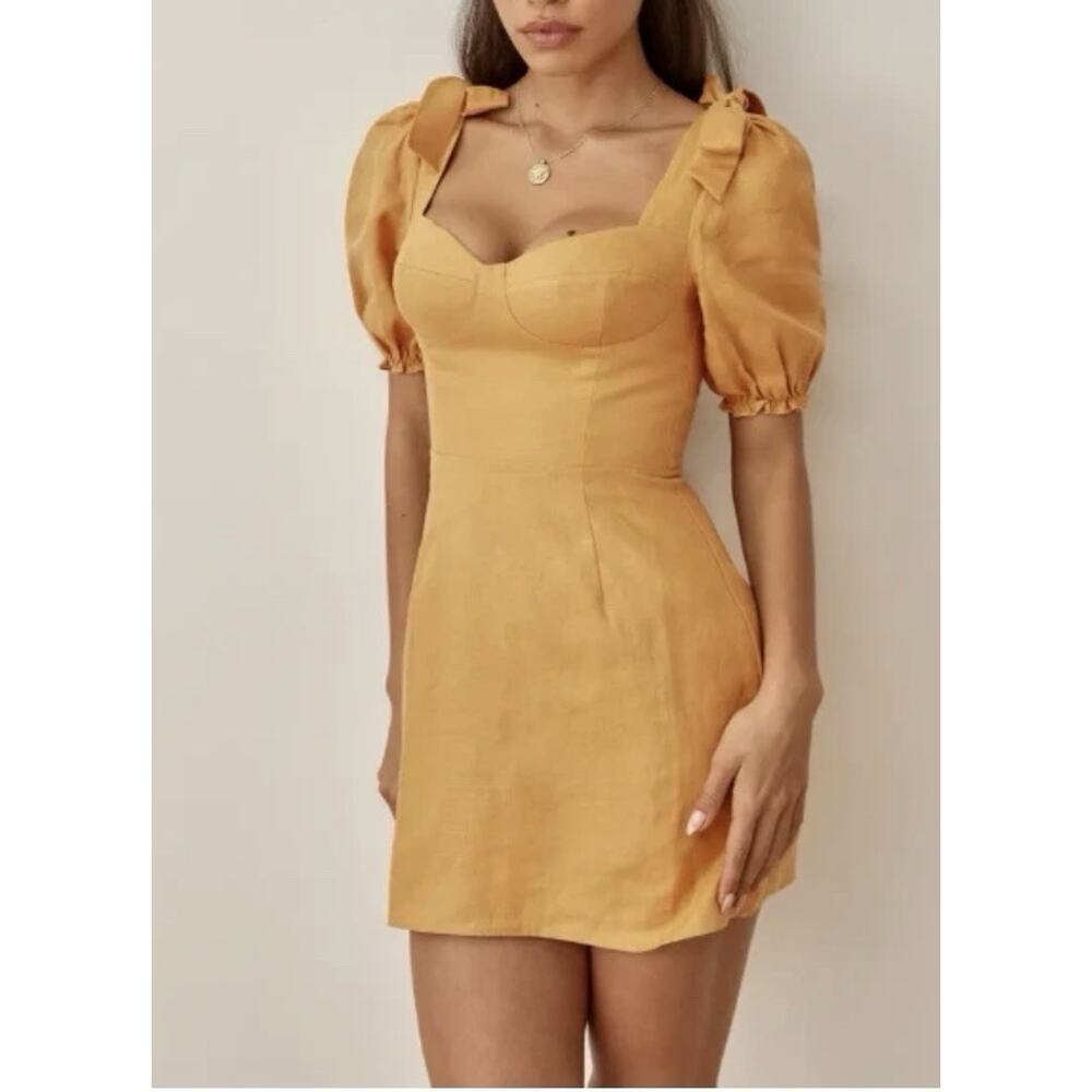 REFORMATION SPRING BOW SLEEVE SMOCKED BACK YELLOW MINI DRESS Size 6 100% Linen